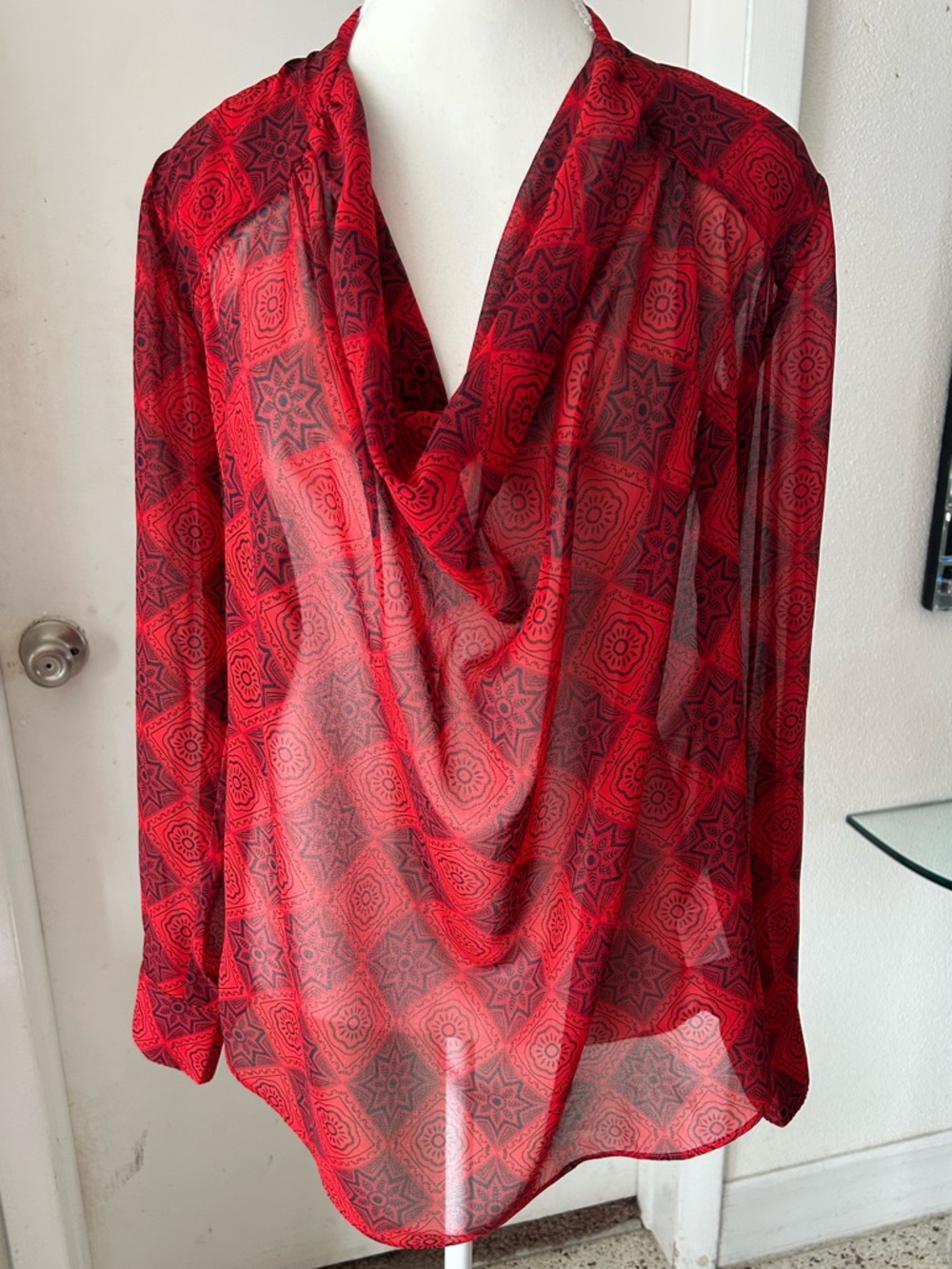 Red sheer Cowl Neck Blouse